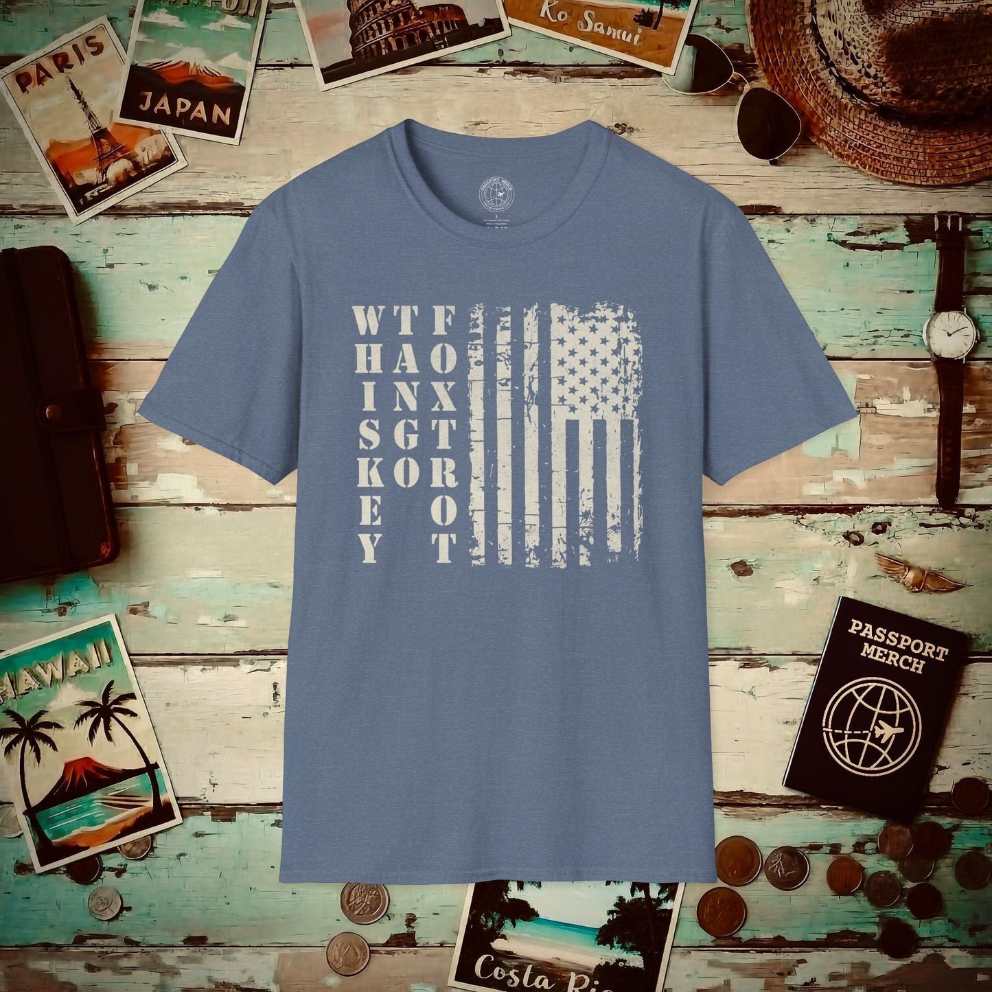 Whiskey Tango Foxtrot USA Flag T-Shirt Heather Indigo / S