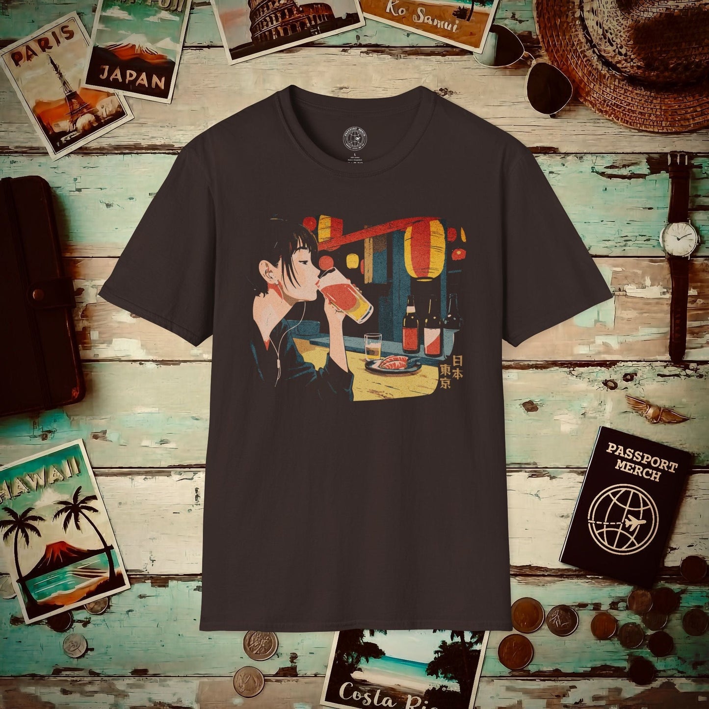 Woman Drinking in Shibuya, Tokyo, Japan T-Shirt Dark Chocolate / S