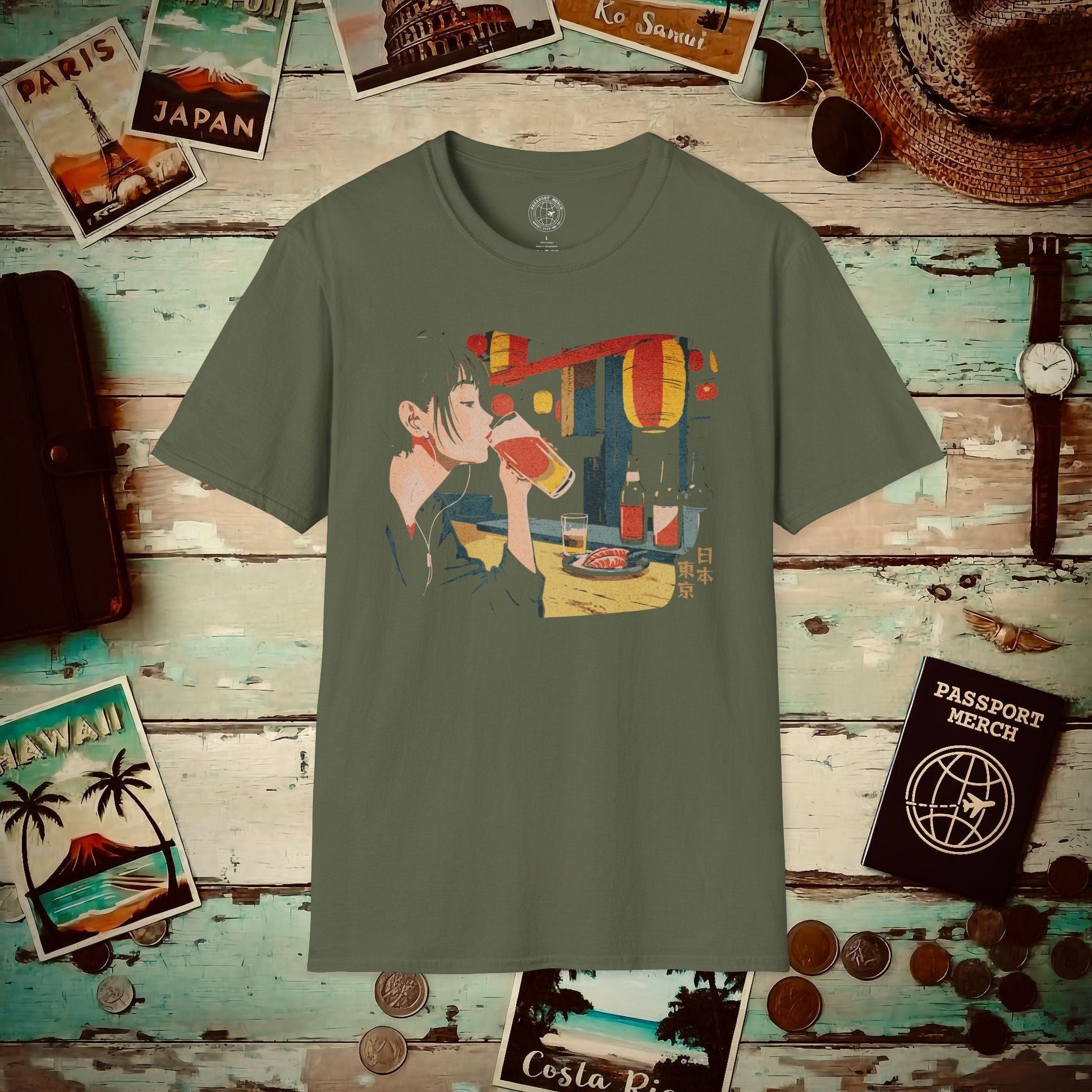 Woman Drinking in Shibuya, Tokyo, Japan T-Shirt Military Green / S