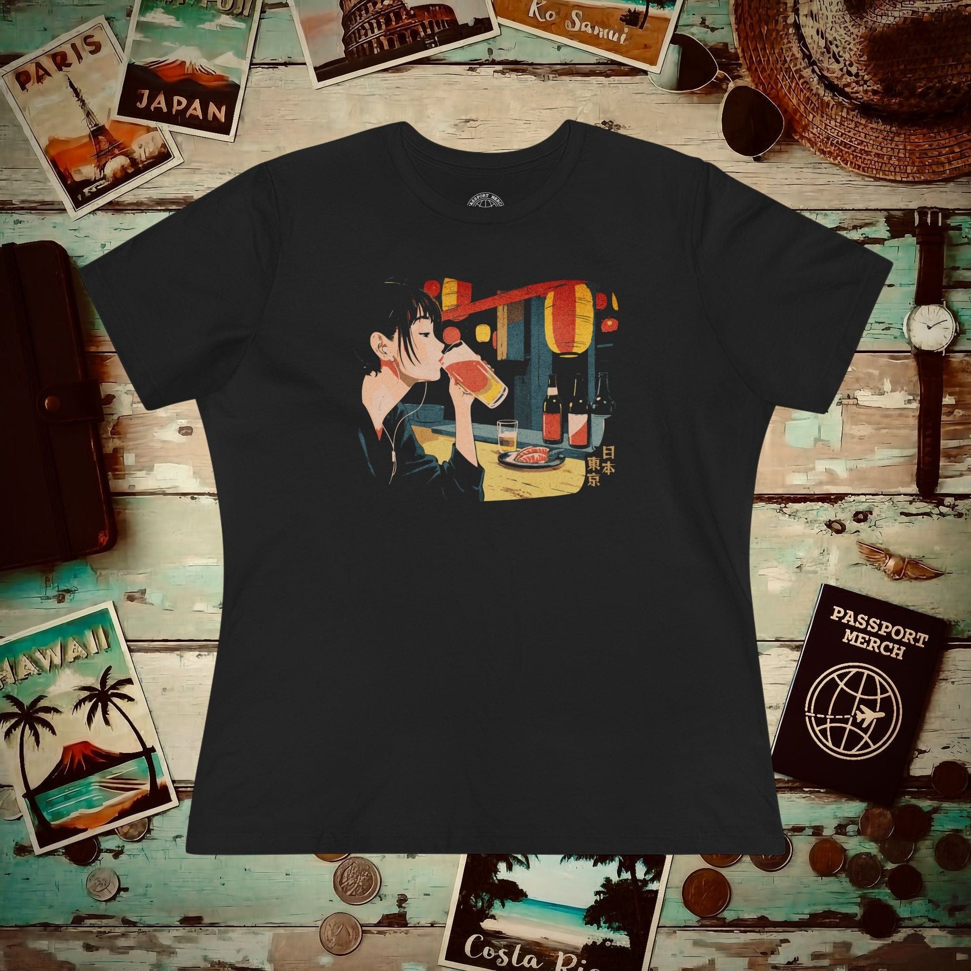 Woman Drinking in Shibuya, Tokyo, Japan, Womens Fit T-Shirt Black / S