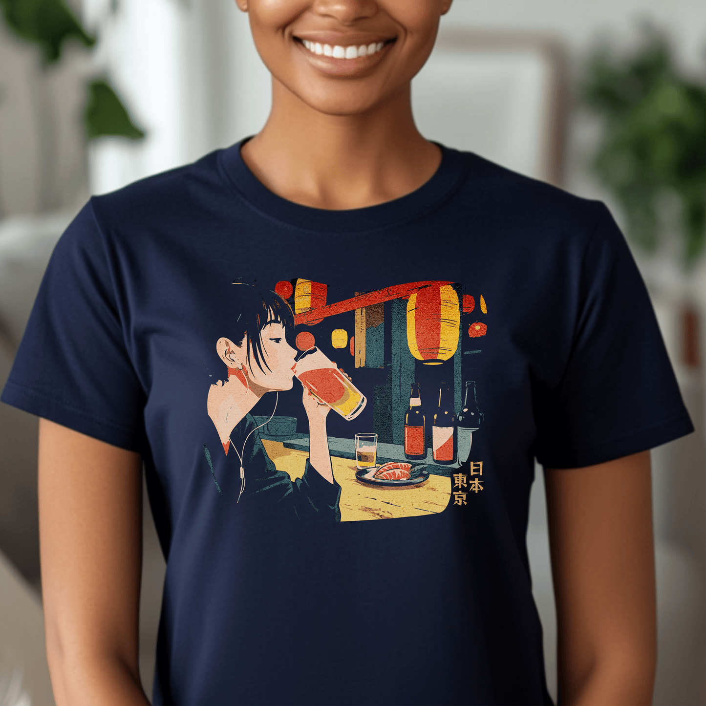 Woman Drinking in Shibuya, Tokyo, Japan, Womens Fit T-Shirt Navy / S