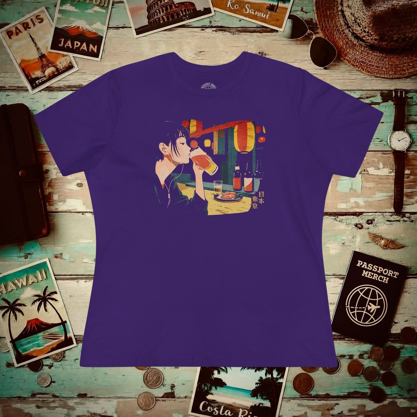 Woman Drinking in Shibuya, Tokyo, Japan, Womens Fit T-Shirt Team Purple / S