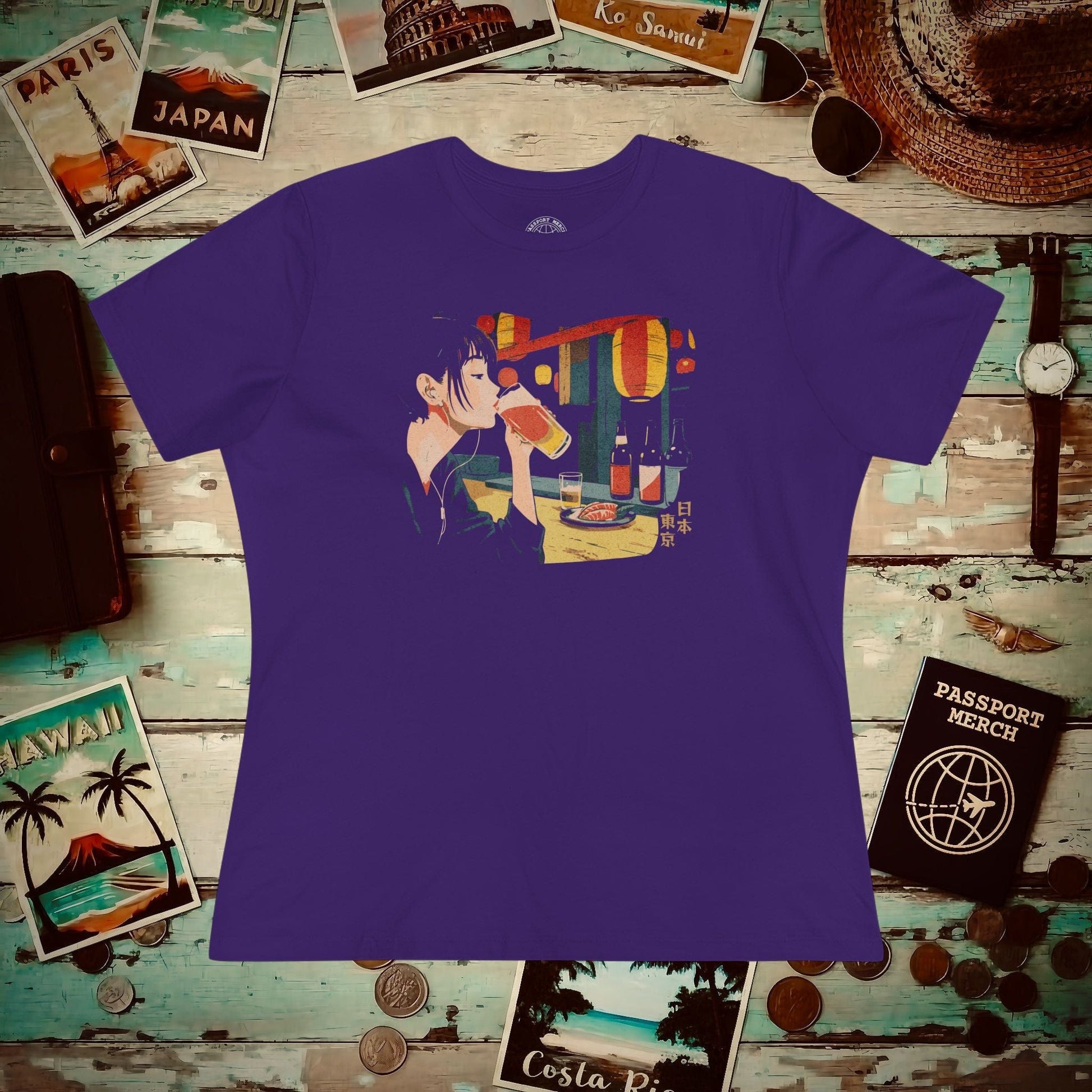 Woman Drinking in Shibuya, Tokyo, Japan, Womens Fit T-Shirt Team Purple / S