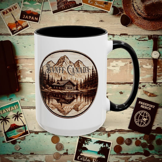 Wood Burned Badge, Banff Canada 15oz Mug Black / 15oz