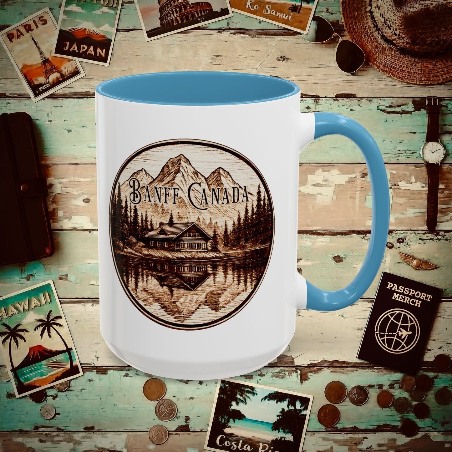 Wood Burned Badge, Banff Canada 15oz Mug Light Blue / 15oz