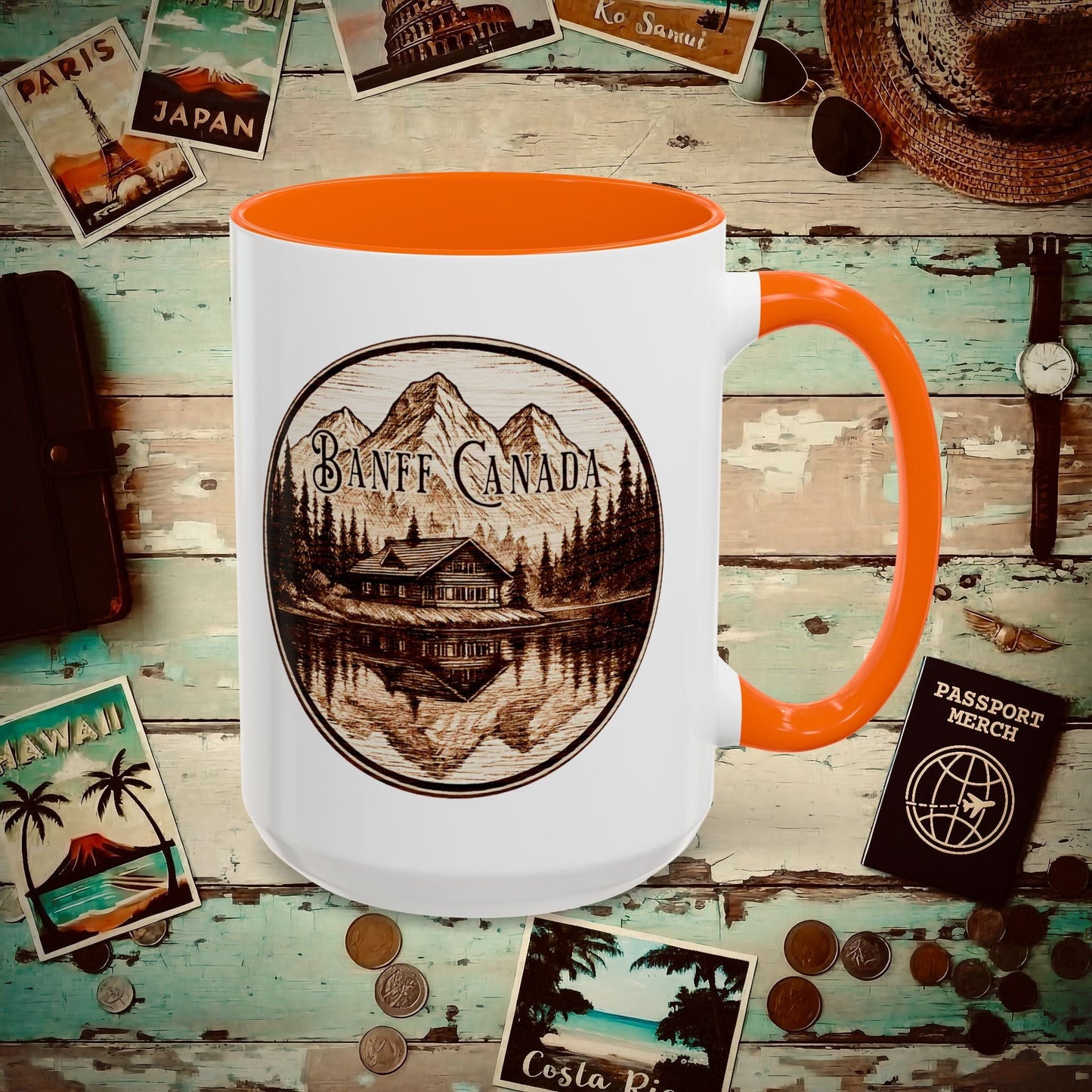 Wood Burned Badge, Banff Canada 15oz Mug Orange / 15oz