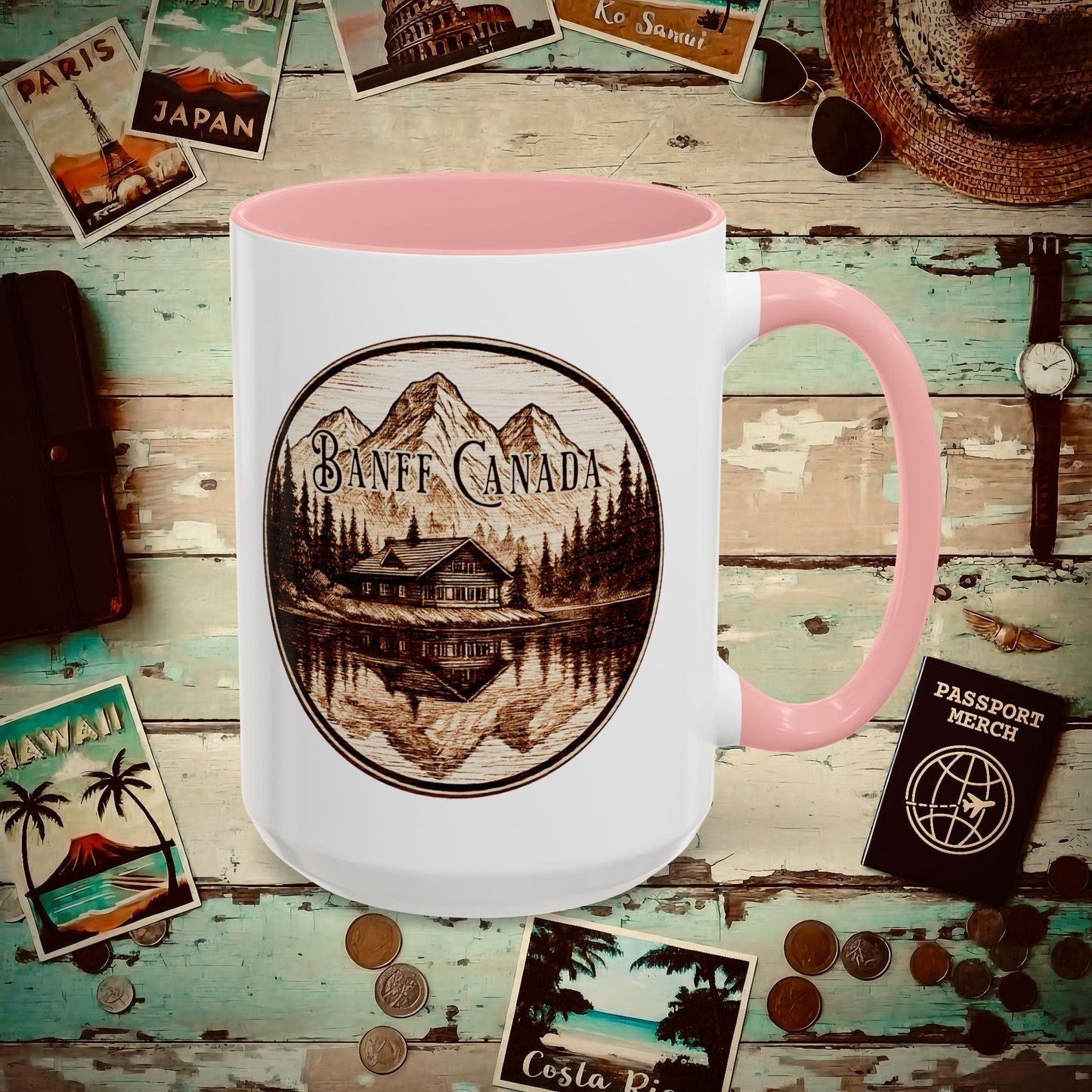 Wood Burned Badge, Banff Canada 15oz Mug Pink / 15oz