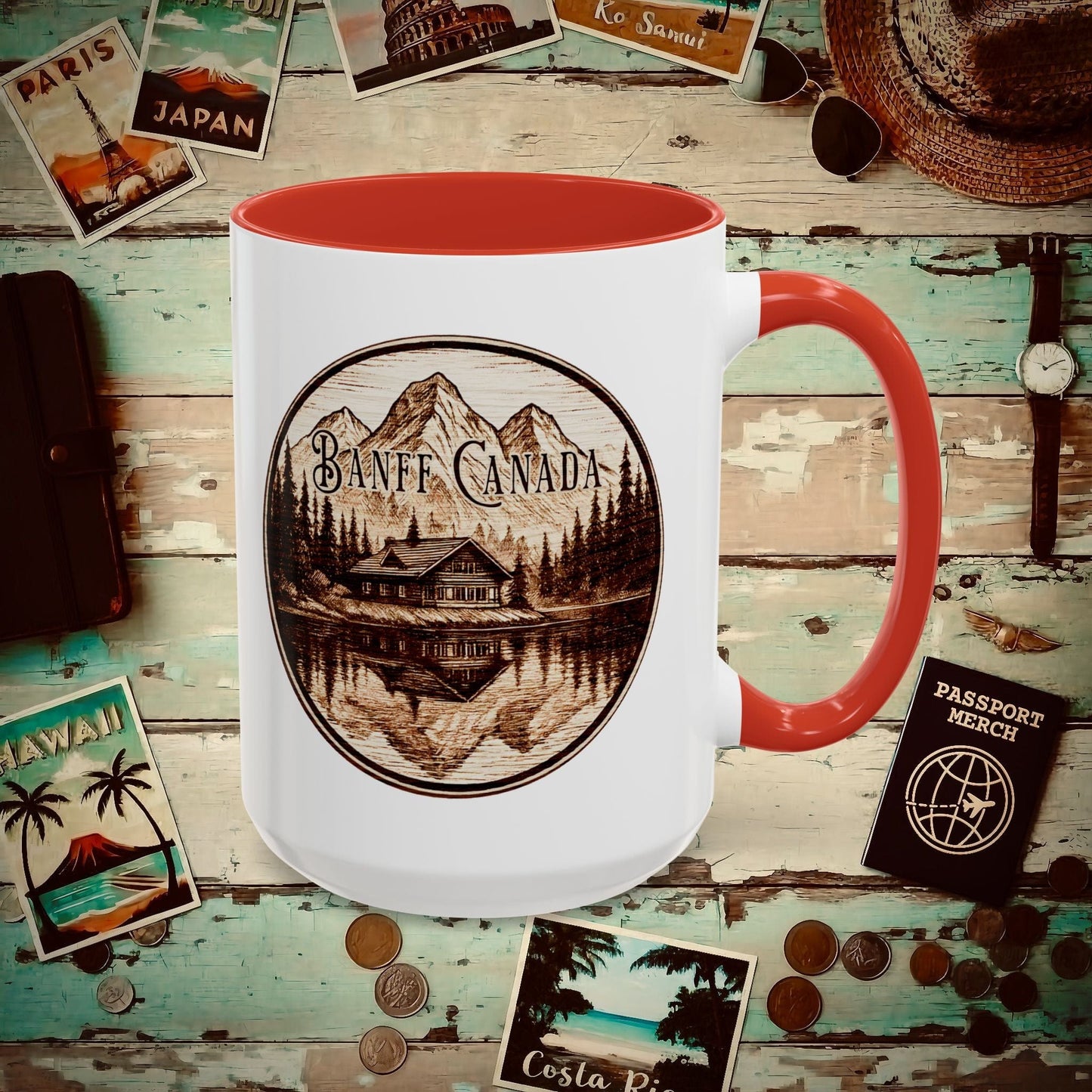 Wood Burned Badge, Banff Canada 15oz Mug Red / 15oz