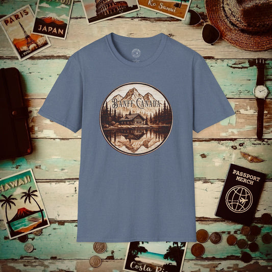 Wood Burned Badge, Banff Canada T-Shirt Heather Indigo / S