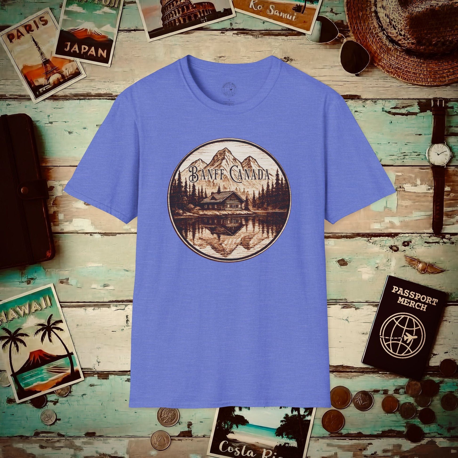 Wood Burned Badge, Banff Canada T-Shirt Heather Royal / S