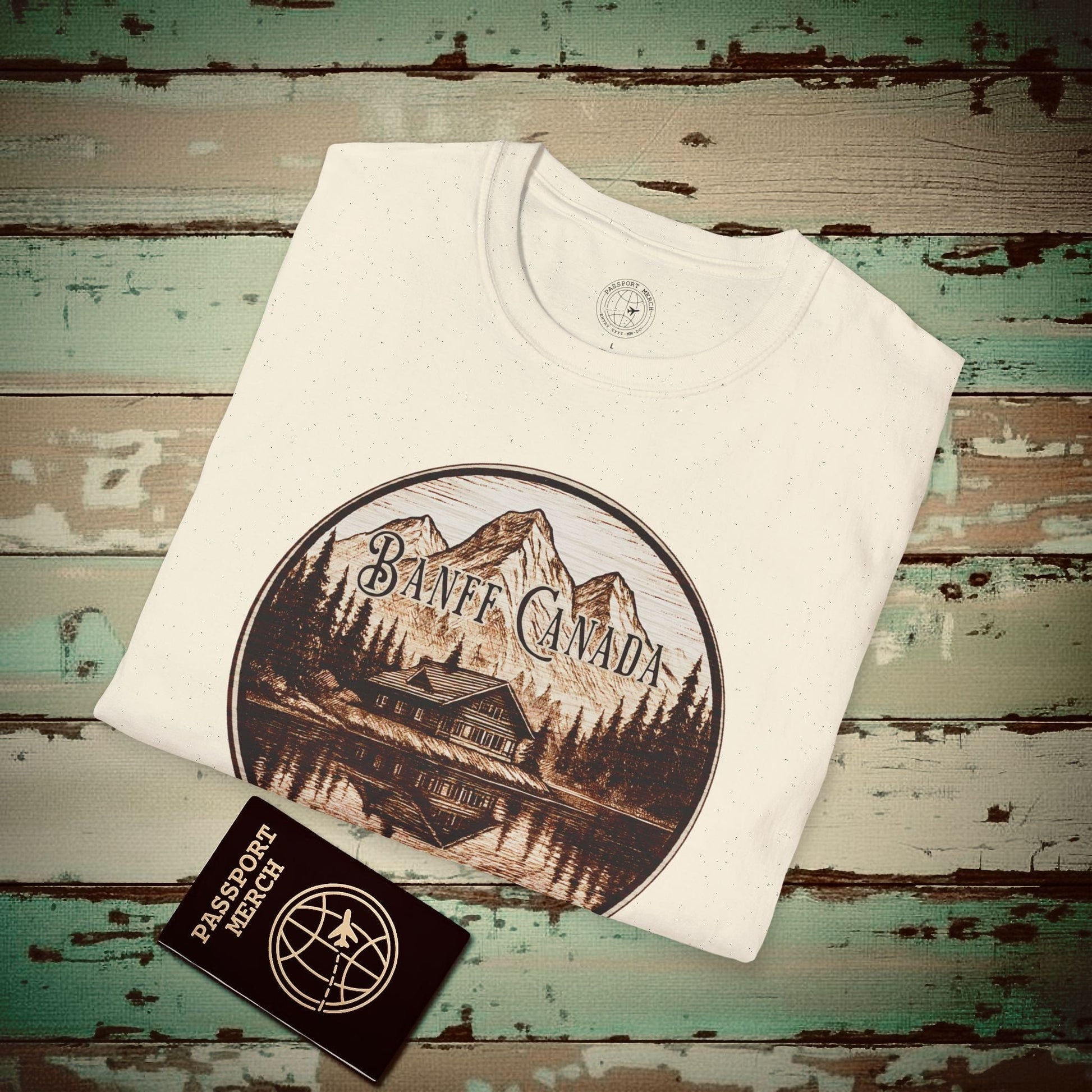 Wood Burned Badge, Banff Canada T-Shirt Natural / S