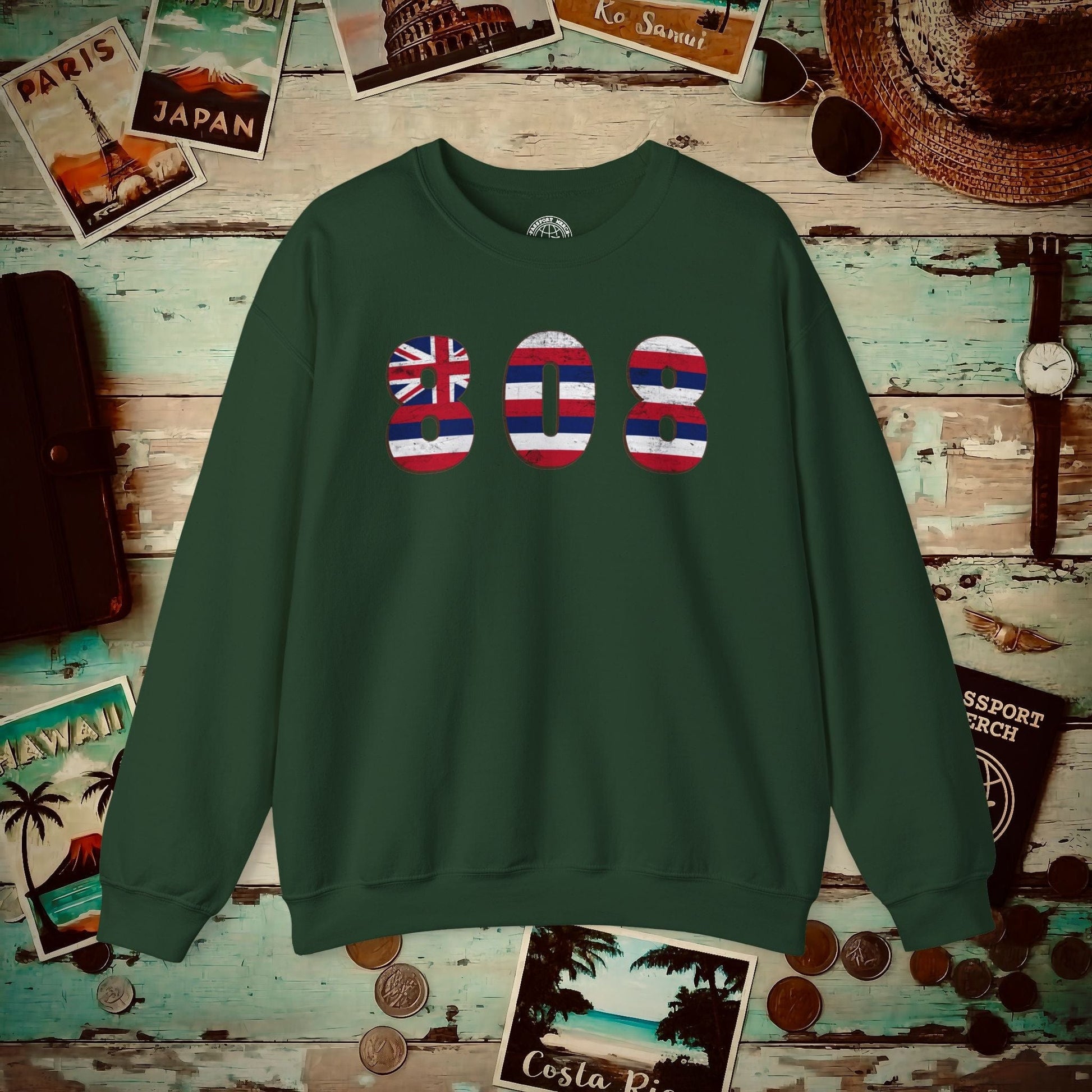 Woodworked 808 Flag, Hawaii Crewneck Forest Green / S
