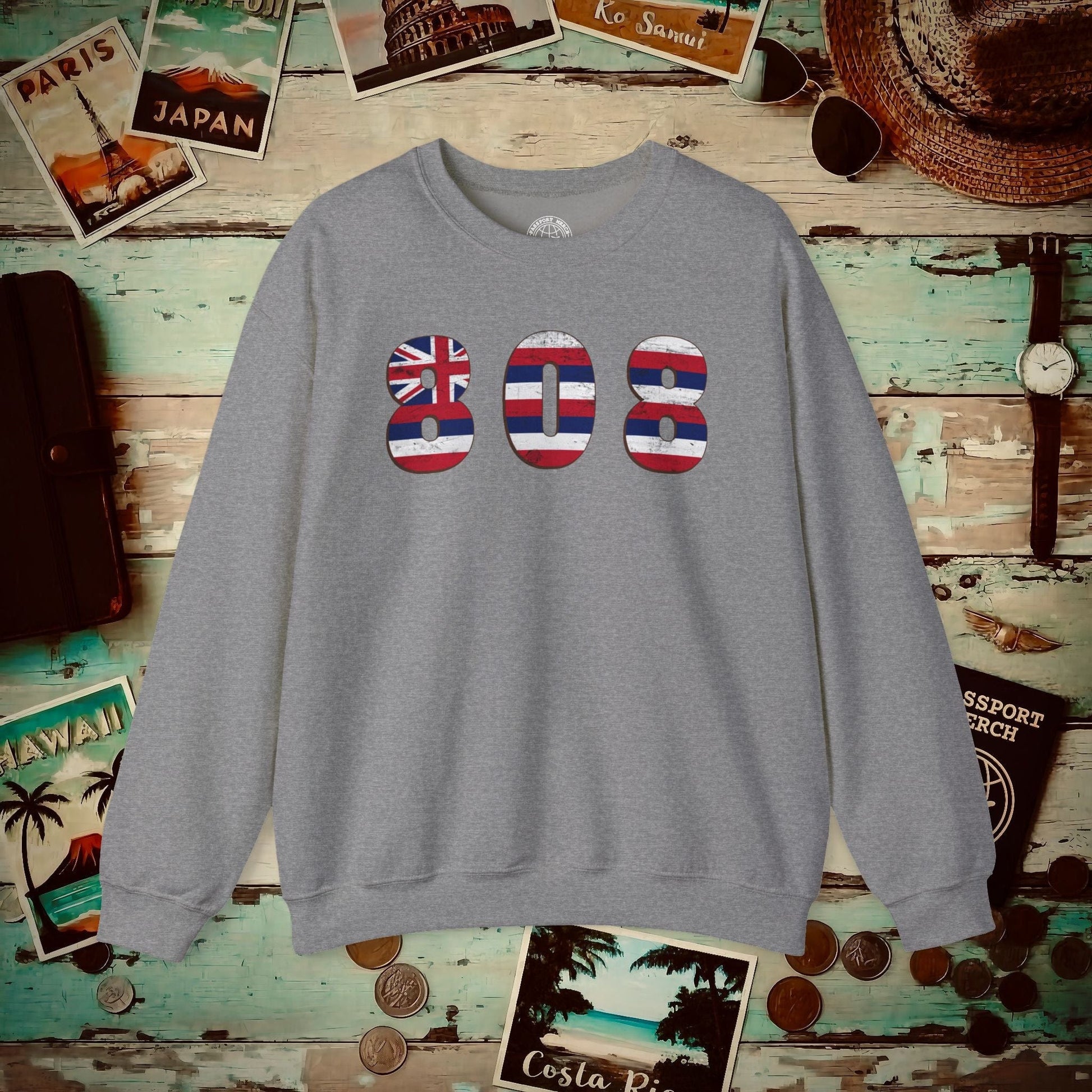Woodworked 808 Flag, Hawaii Crewneck Graphite Heather / S