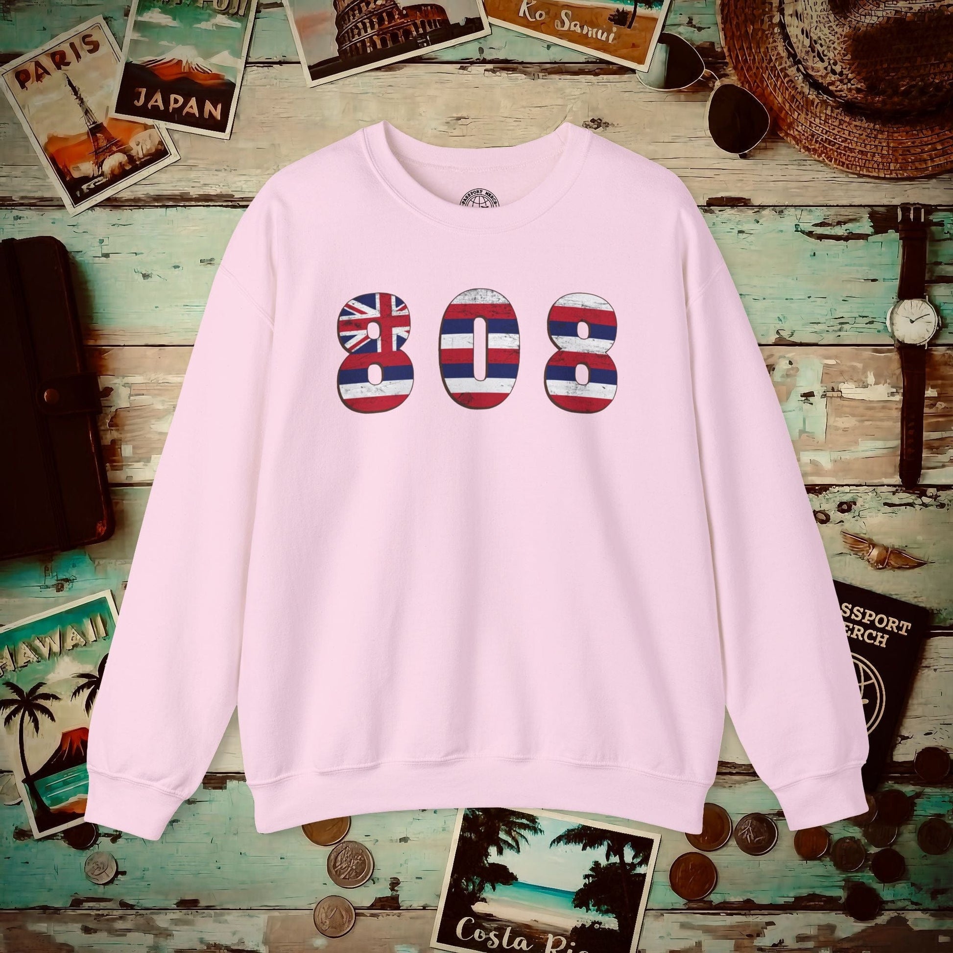 Woodworked 808 Flag, Hawaii Crewneck Light Pink / S