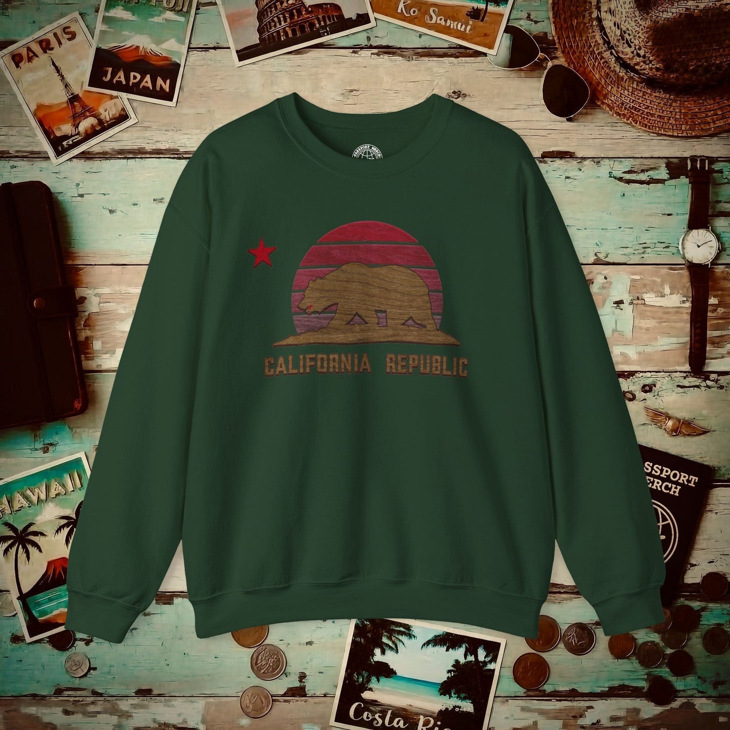 Woodworked Flag of California Crewneck Forest Green / S