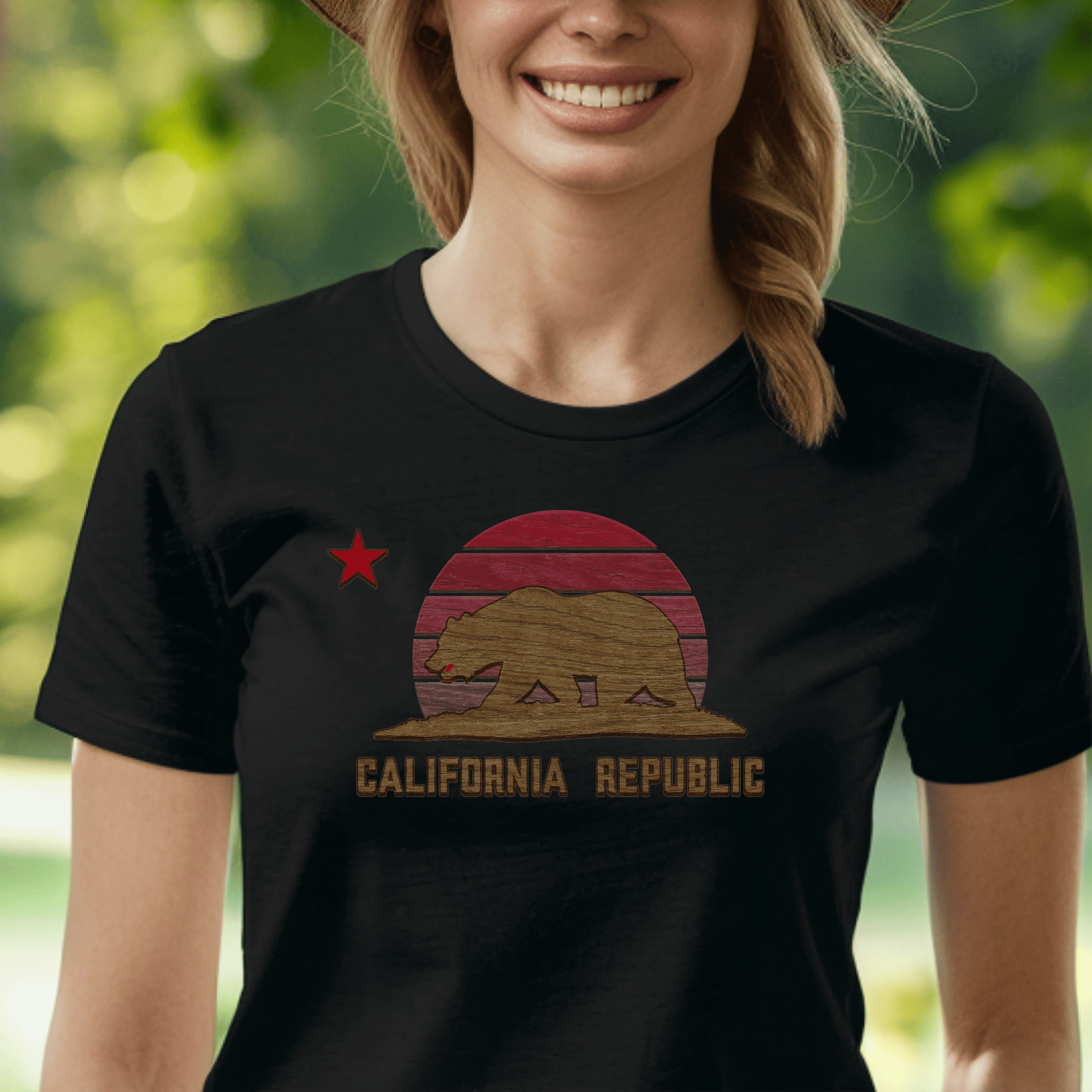 Woodworked Flag of California, Womens Fit T-Shirt Black / S