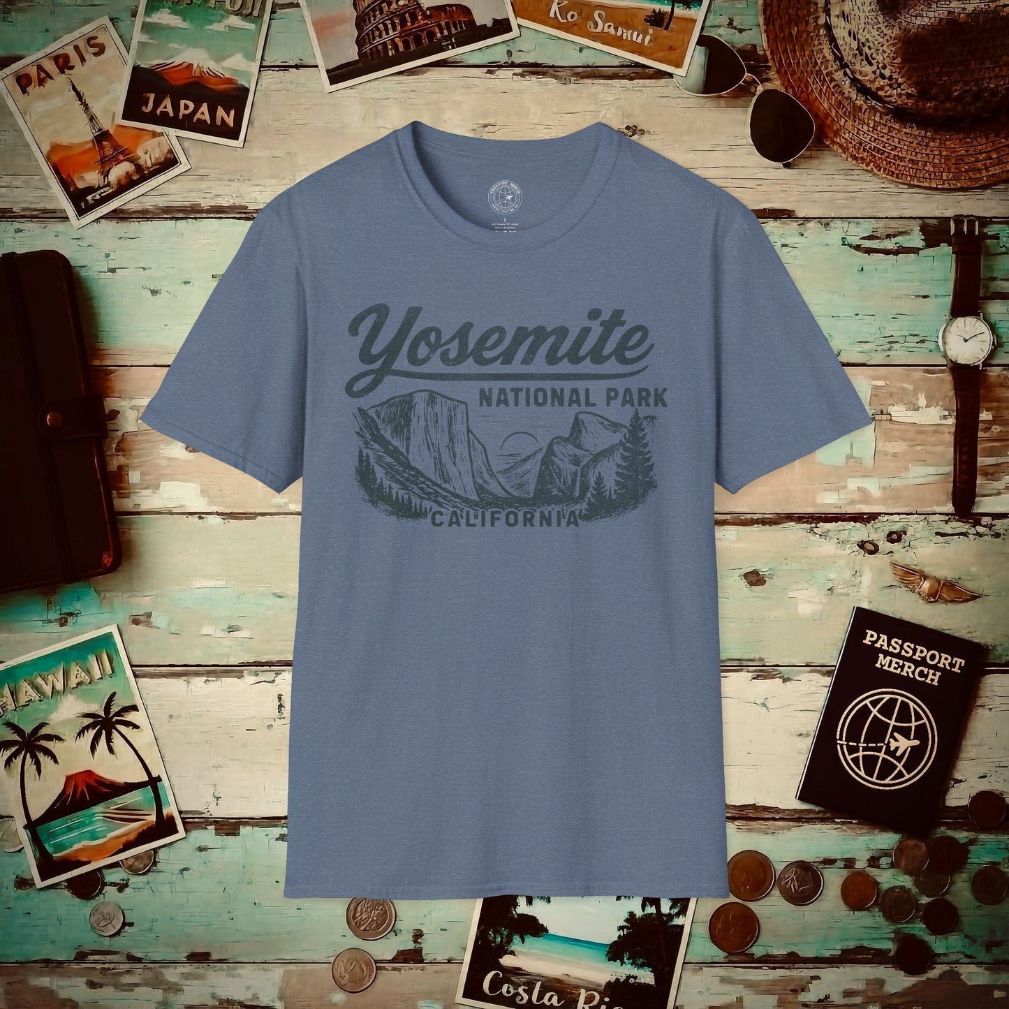 Yosemite National Park Vintage Monochrome, California T-Shirt Heather Indigo / S