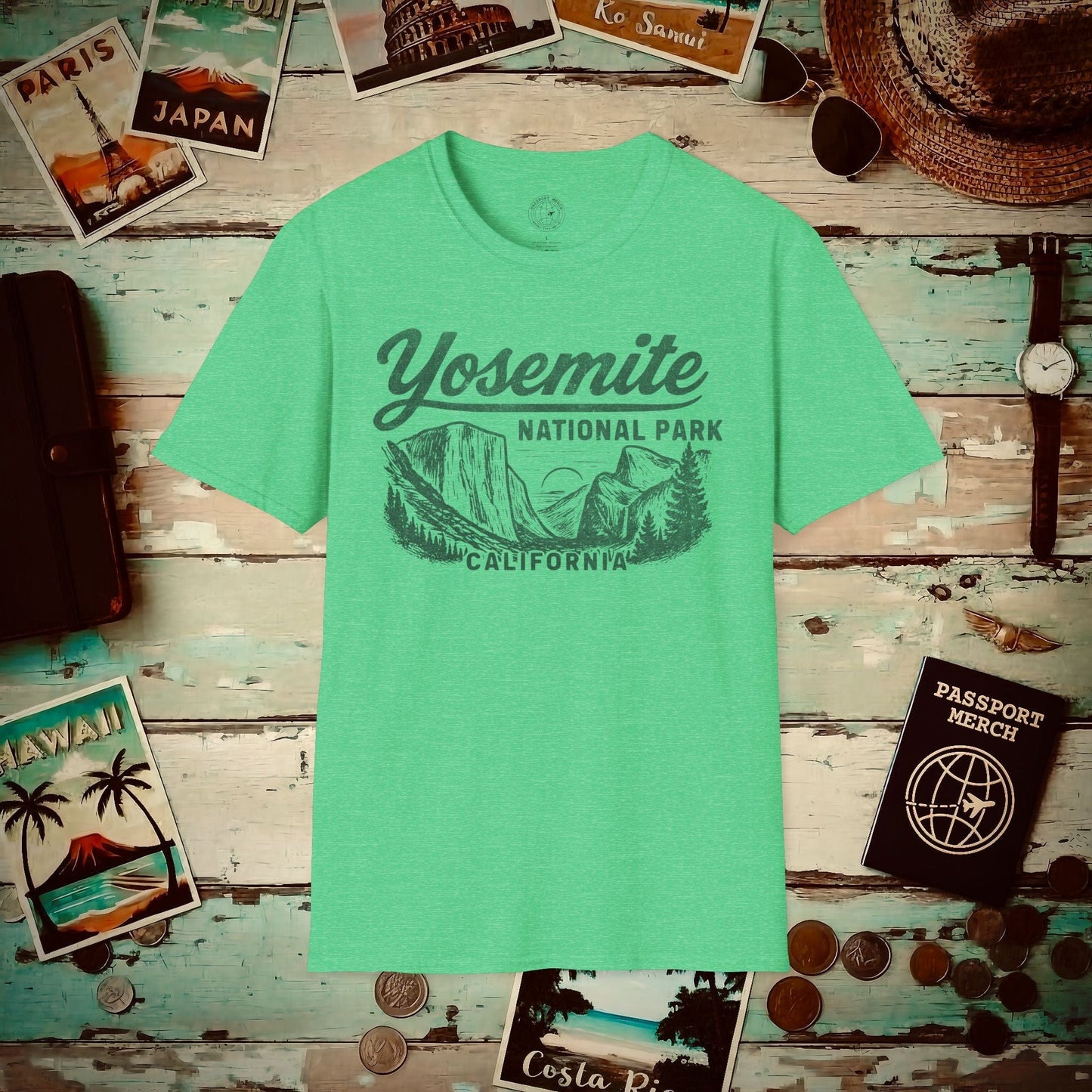 Yosemite National Park Vintage Monochrome, California T-Shirt Heather Irish Green / S