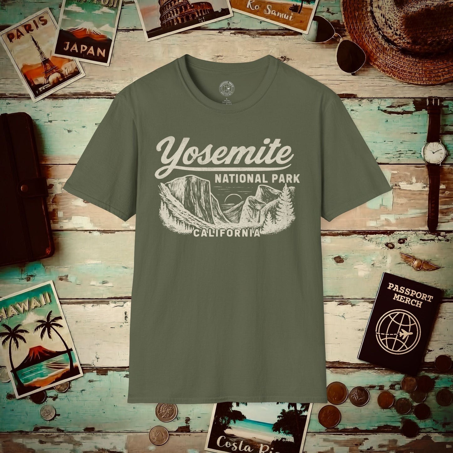 Yosemite National Park Vintage Monochrome, California T-Shirt Military Green / S
