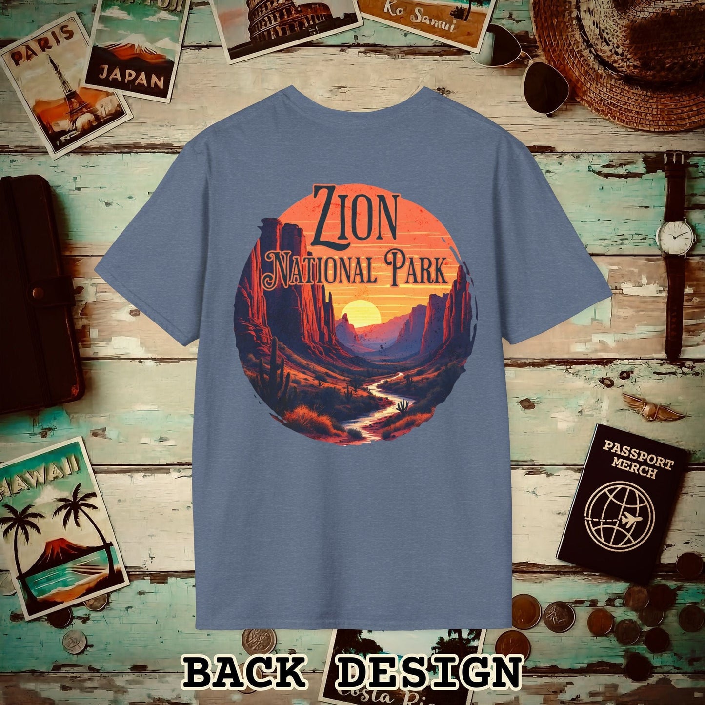 Zion National Park, Utah, Back Print T-Shirt Heather Indigo / S