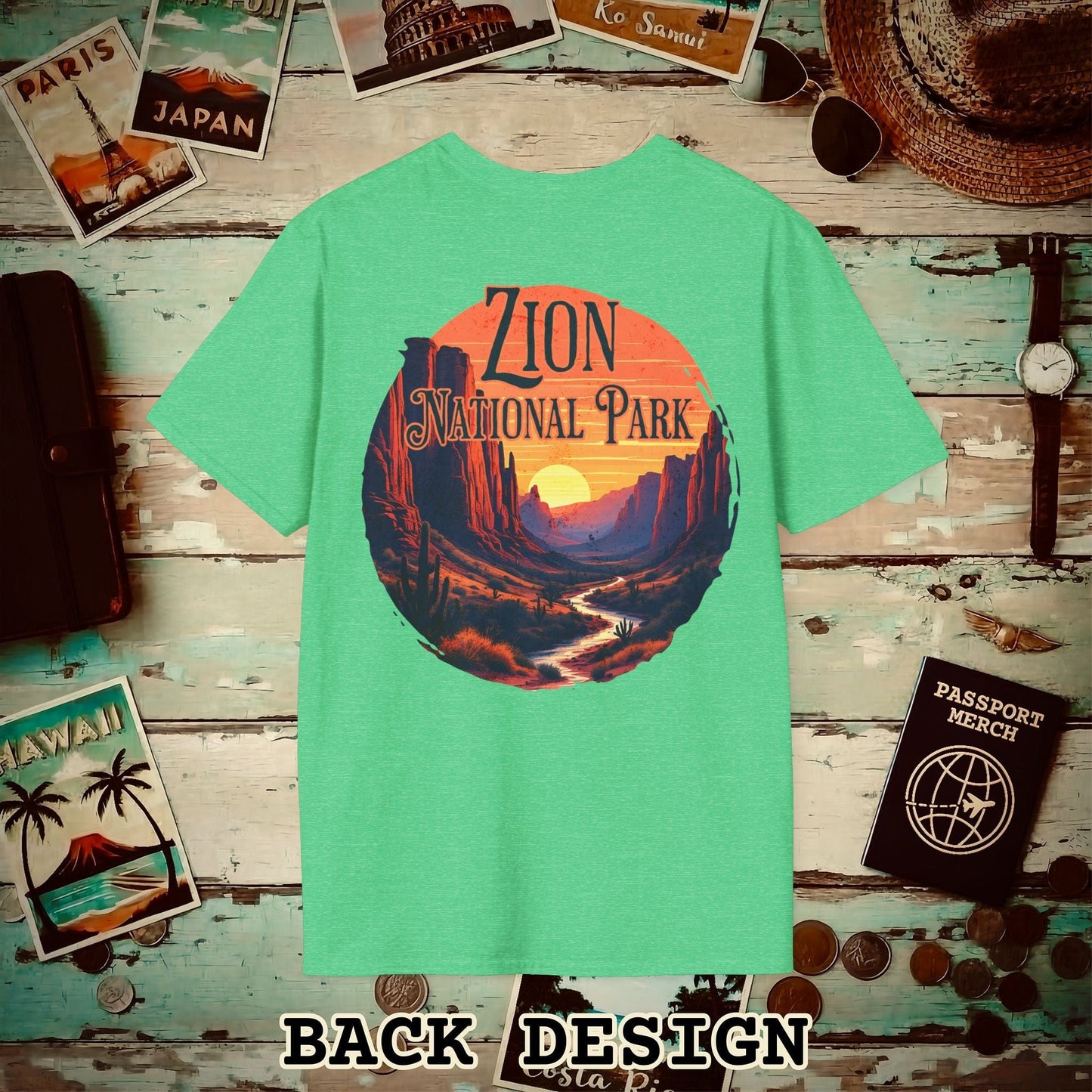 Zion National Park, Utah, Back Print T-Shirt Heather Irish Green / S