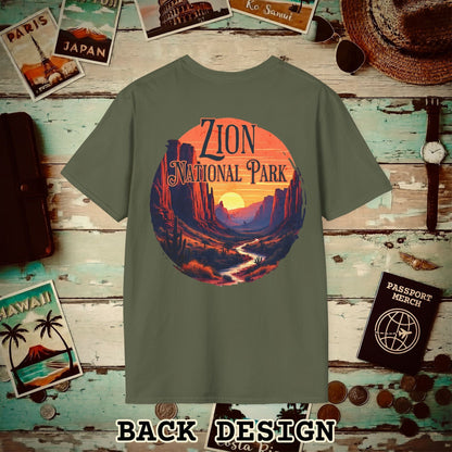 Zion National Park, Utah, Back Print T-Shirt Military Green / S