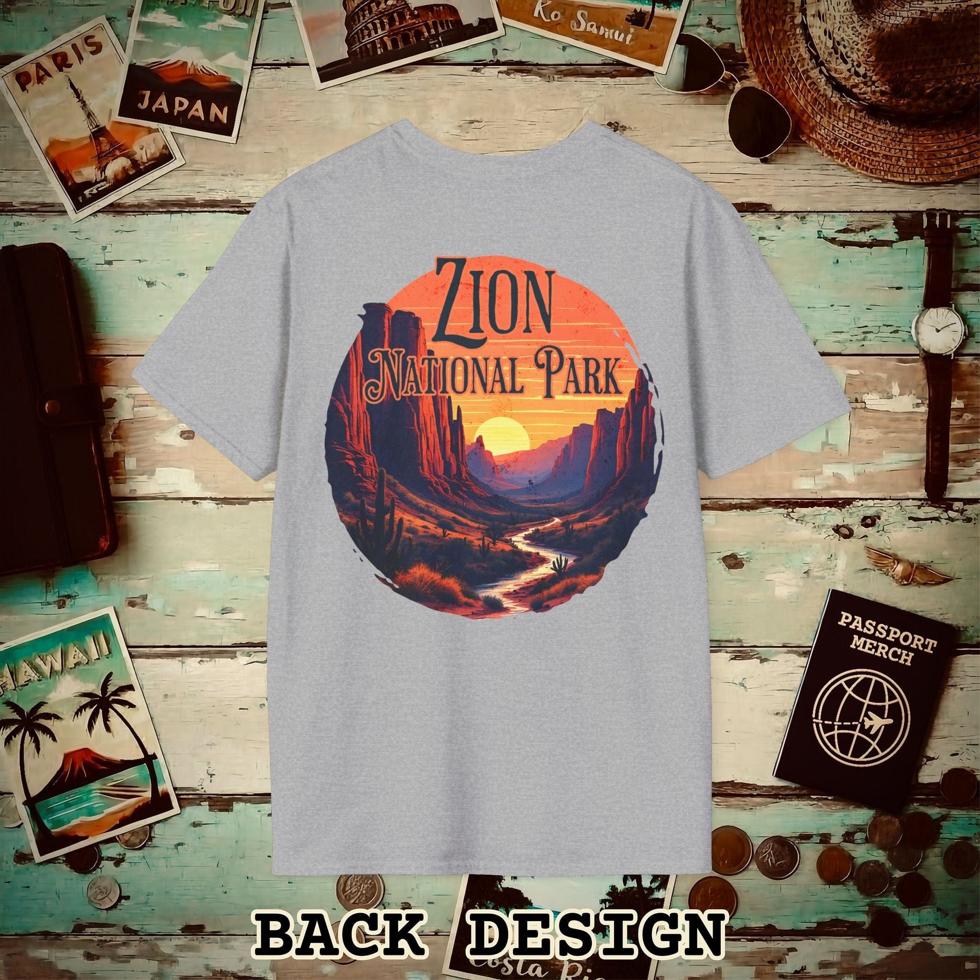 Zion National Park, Utah, Back Print T-Shirt Sport Grey / S