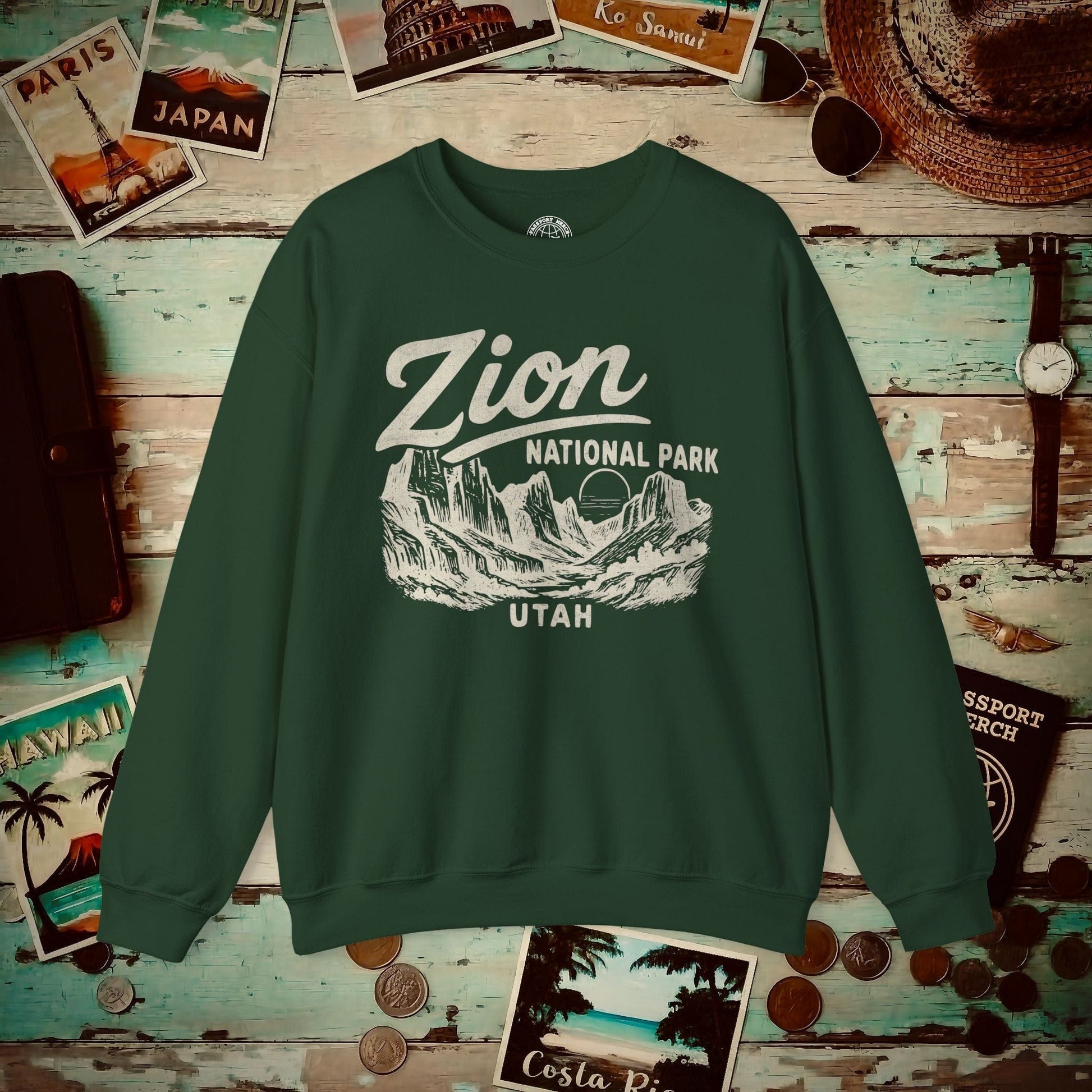 Zion National Park Vintage Monochrome, Utah Crewneck Forest Green / S
