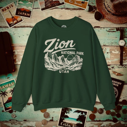 Zion National Park Vintage Monochrome, Utah Crewneck Forest Green / S