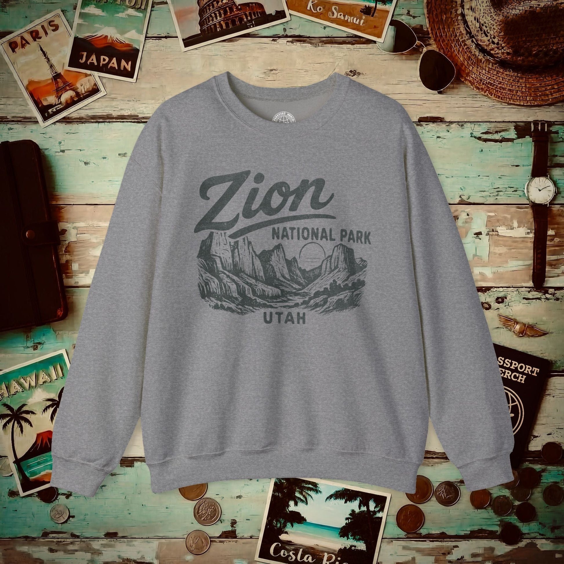 Zion National Park Vintage Monochrome, Utah Crewneck Graphite Heather / S