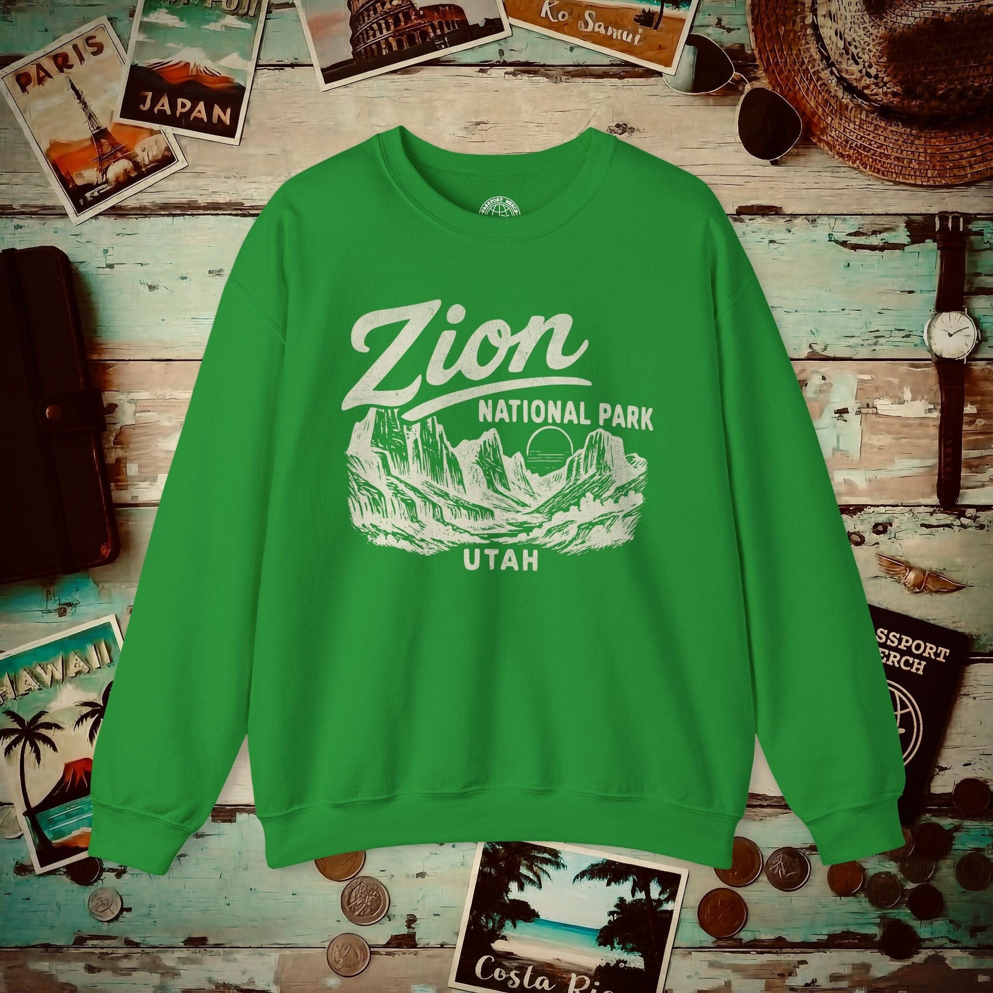 Zion National Park Vintage Monochrome, Utah Crewneck Irish Green / S