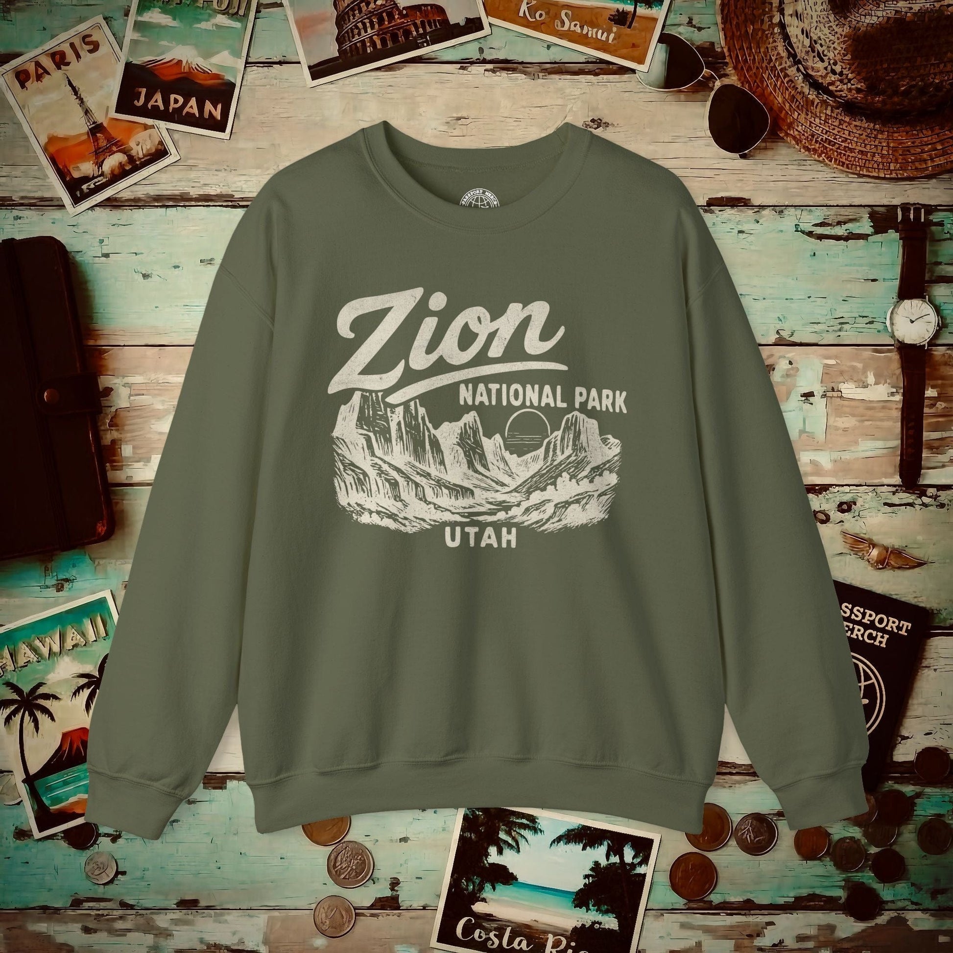 Zion National Park Vintage Monochrome, Utah Crewneck Military Green / S