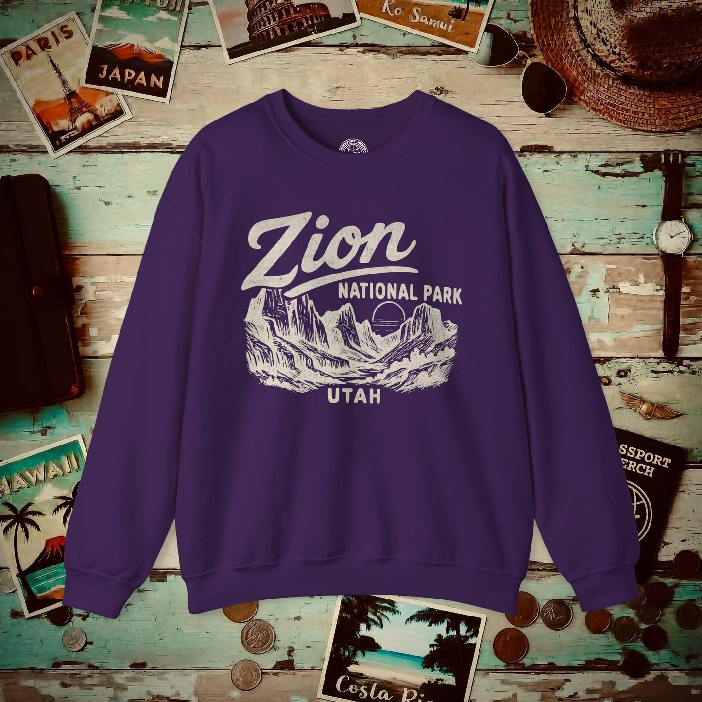 Zion National Park Vintage Monochrome, Utah Crewneck Purple / S