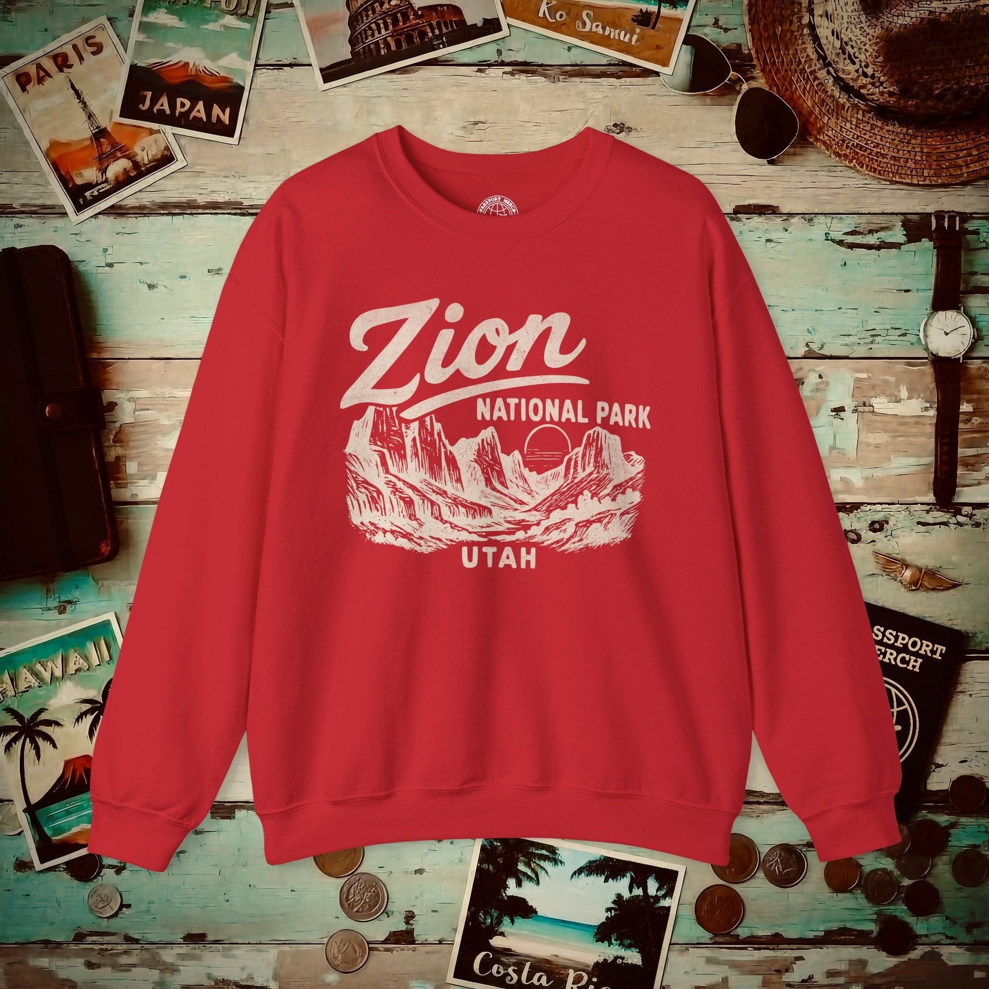 Zion National Park Vintage Monochrome, Utah Crewneck Red / S