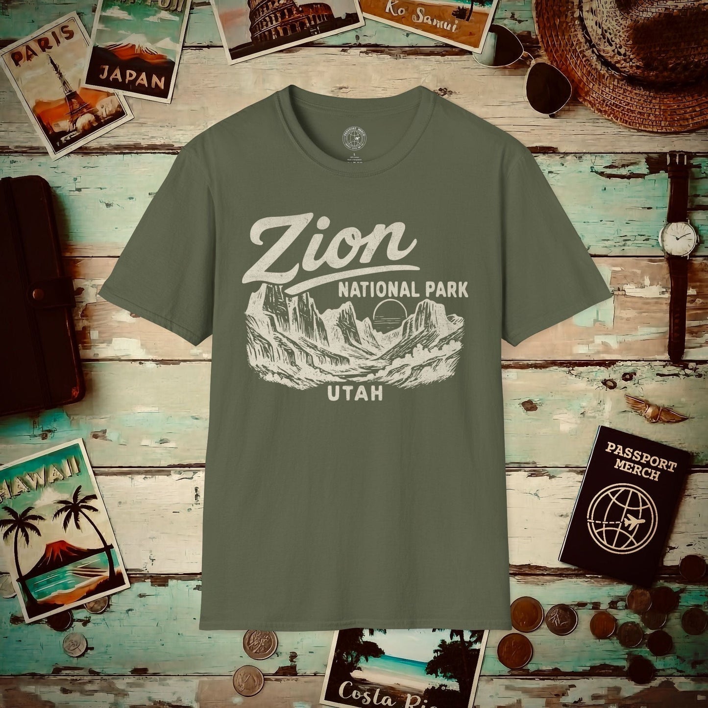 Zion National Park Vintage Monochrome, Utah T-Shirt Military Green / S